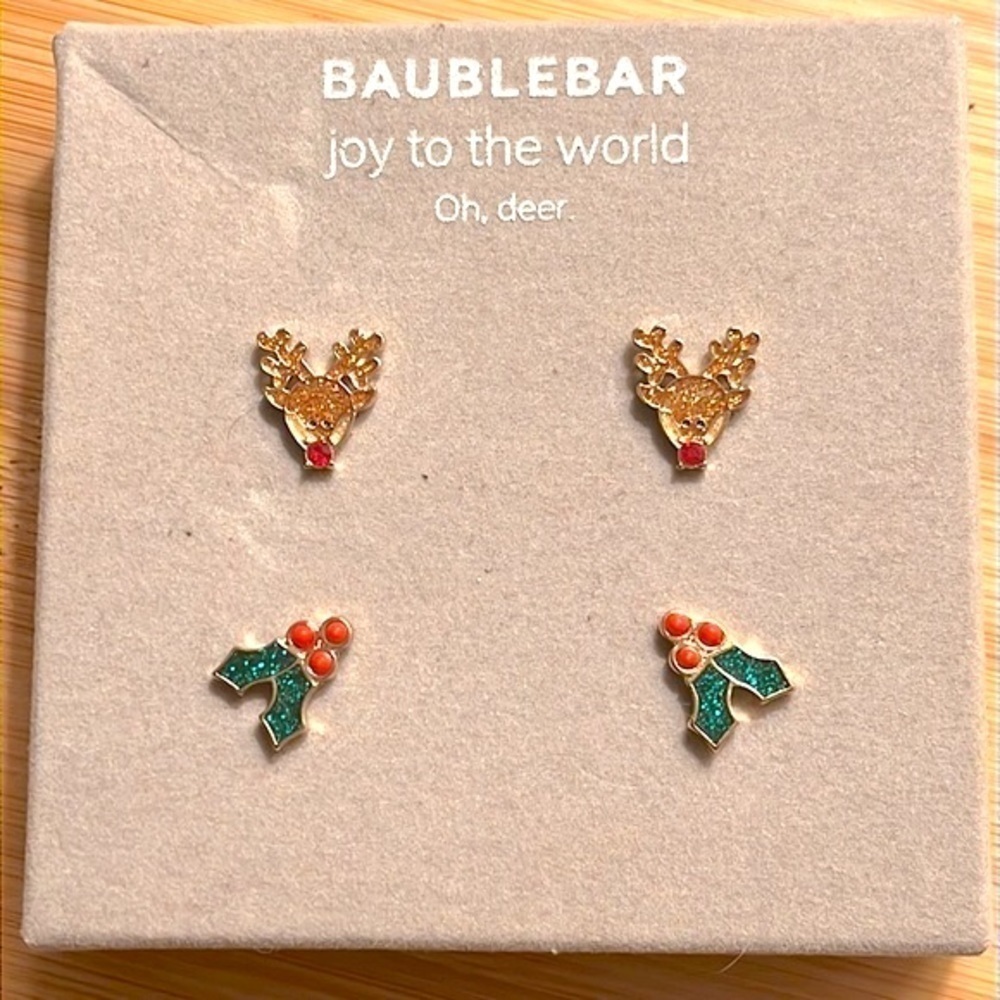 Brand New BaubleBar Set of Two Christmas Post Earrings Holly Rudolph Reindeer